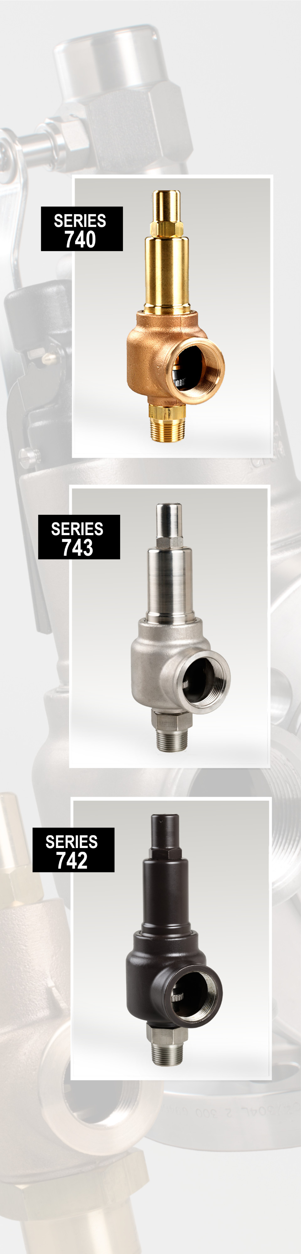 Series 740 brass stainless and carbon steel safety relief valves